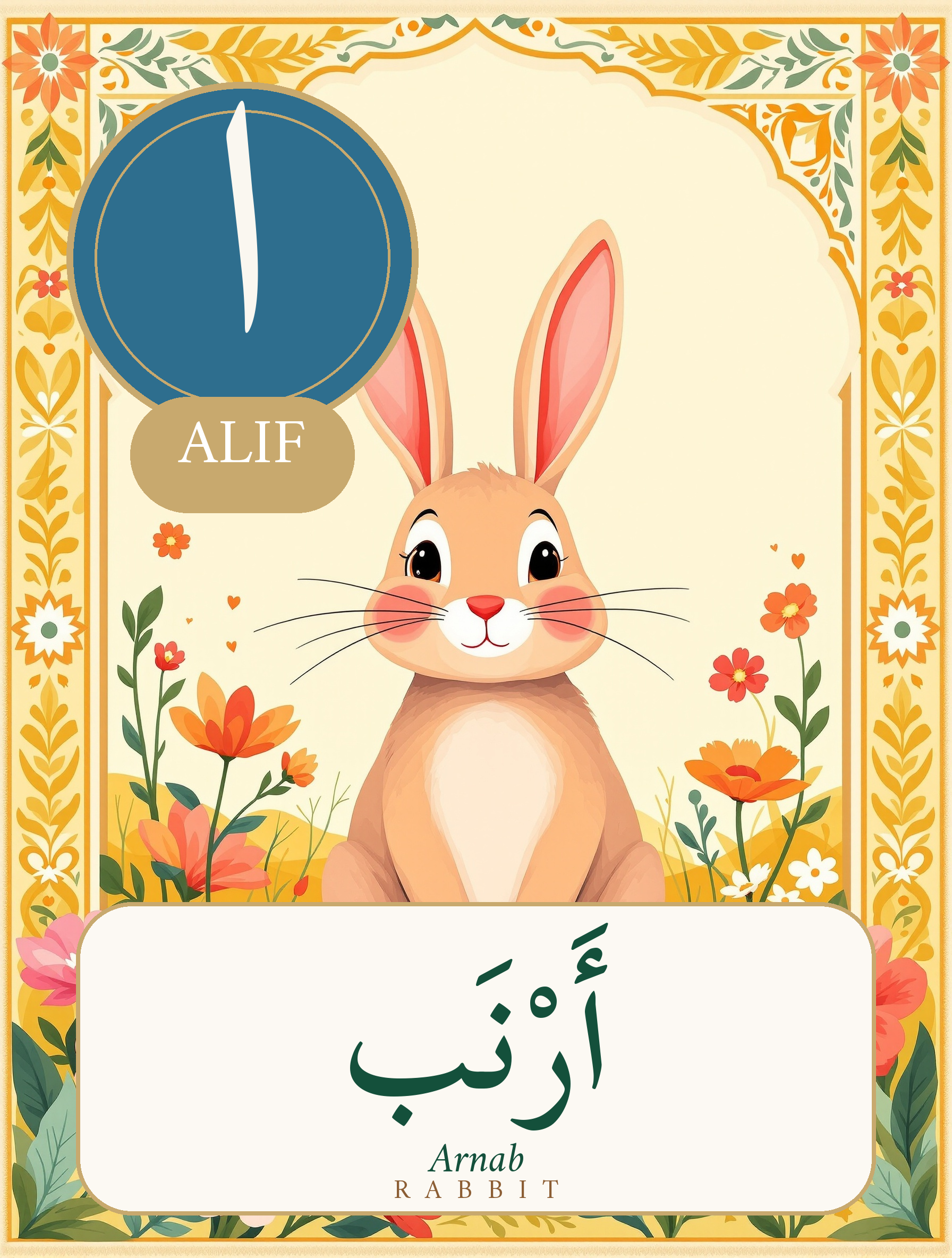 Arabic alphabet flashcard - the letter alif, first letter of the Arabic alphabet