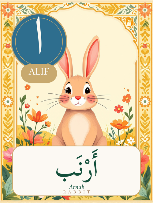 Arabic alphabet flashcard - letter Alif with a rabbit (Arnab) - Gold Olive Tree