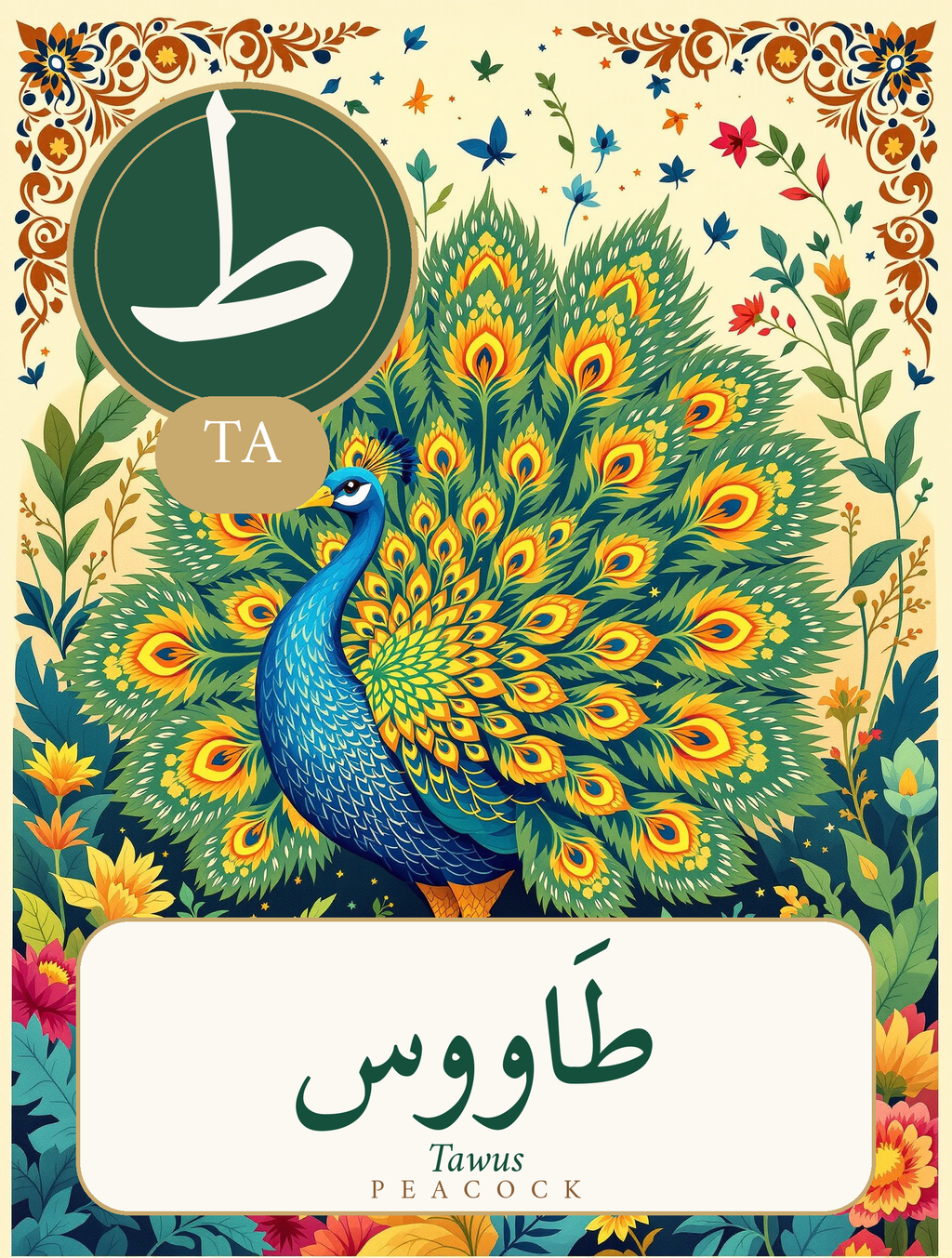 Arabic alphabet flashcard - letter Taa with a peacock (Tawus) - Gold Olive Tree