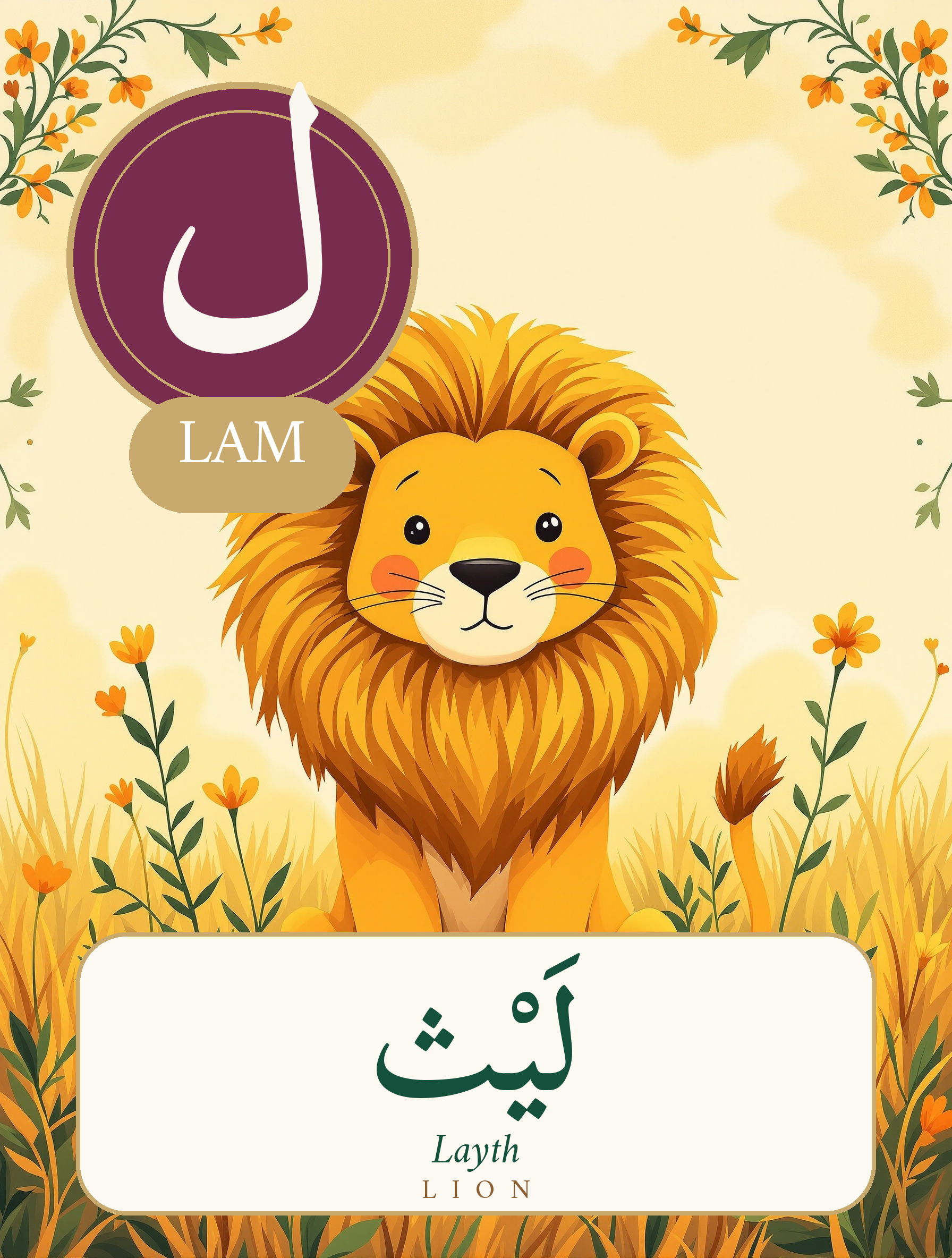 Arabic alphabet flashcard - letter Lam with a lion (Layth) - Gold Olive Tree