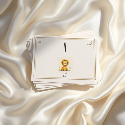 Arabic alphabet flashcards deck with the letter alif card on top - Gold Olive Tree