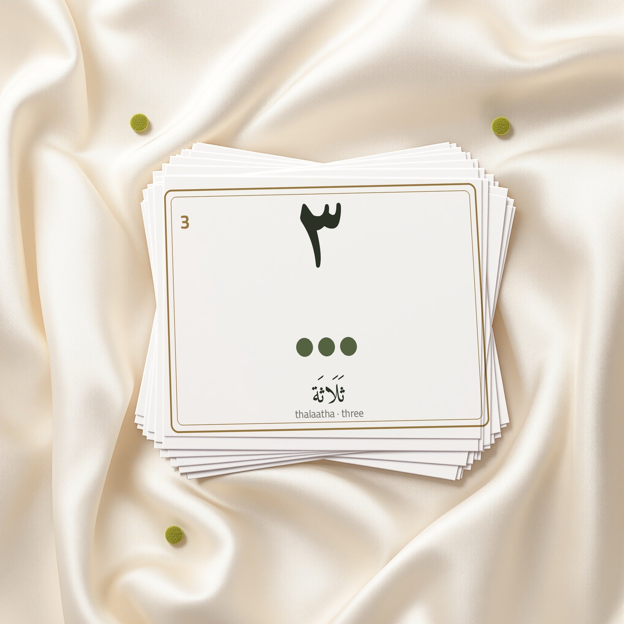Arabic numbers 1-10 flashcards with the number three card on top - Gold Olive Tree