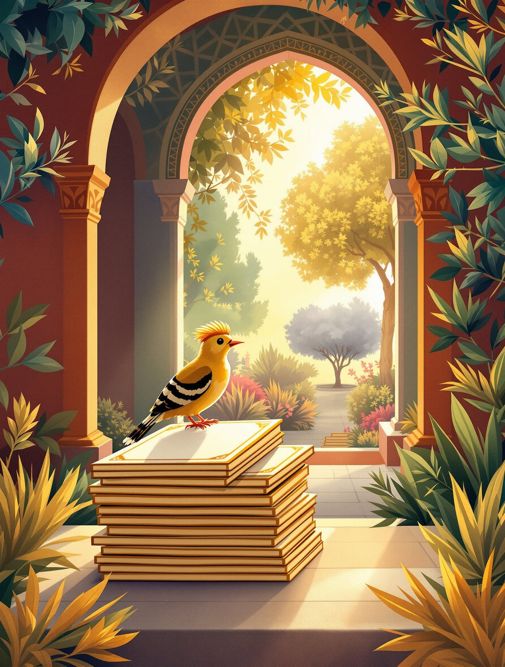 Storybook garden scene with a golden hoopoe on flashcards — Gold Olive Tree
