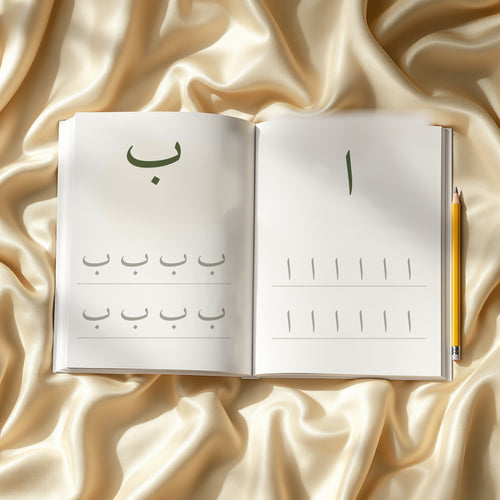 Arabic alphabet tracing workbook open to Alif and Ba tracing pages with pencil - Gold Olive Tree